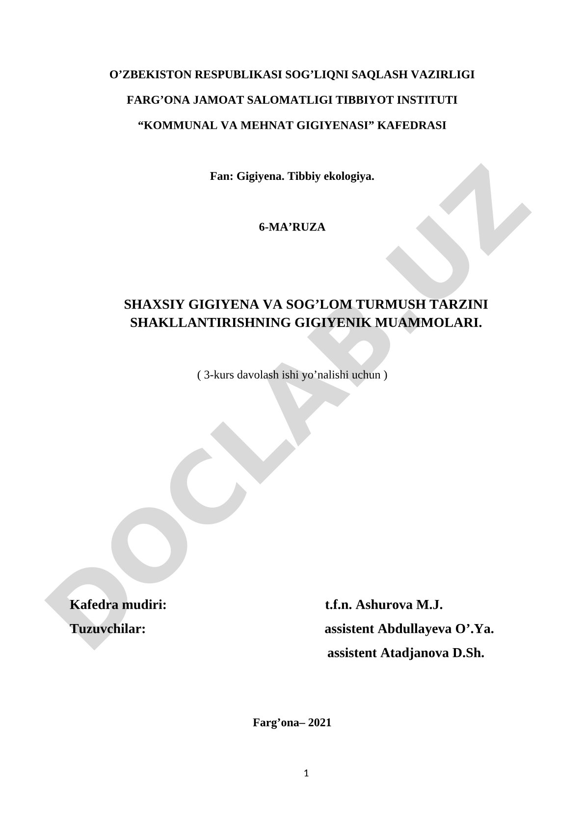 Shaxsiy gigiyena va sog'lom turmush tarzini shakllantirishning gigiyenik muammolari