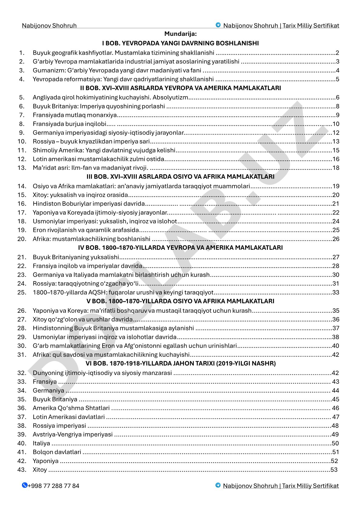 Yevropada yangi davr boshlanishi va XVI-XVIII asrlar tarixi