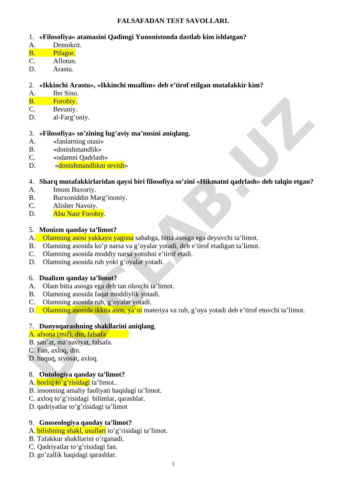 Falsafadan test savollari