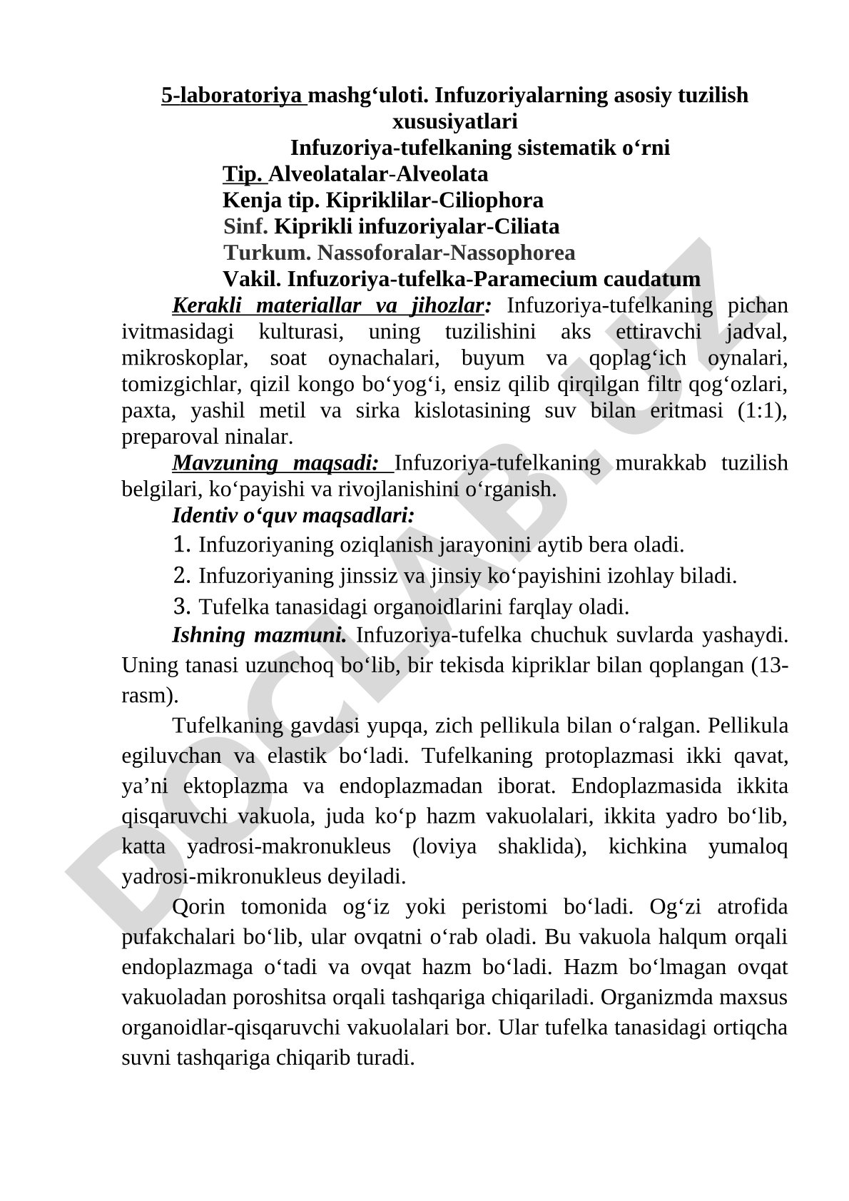 Infuzoriyalarning asosiy tuzilish xususiyatlari