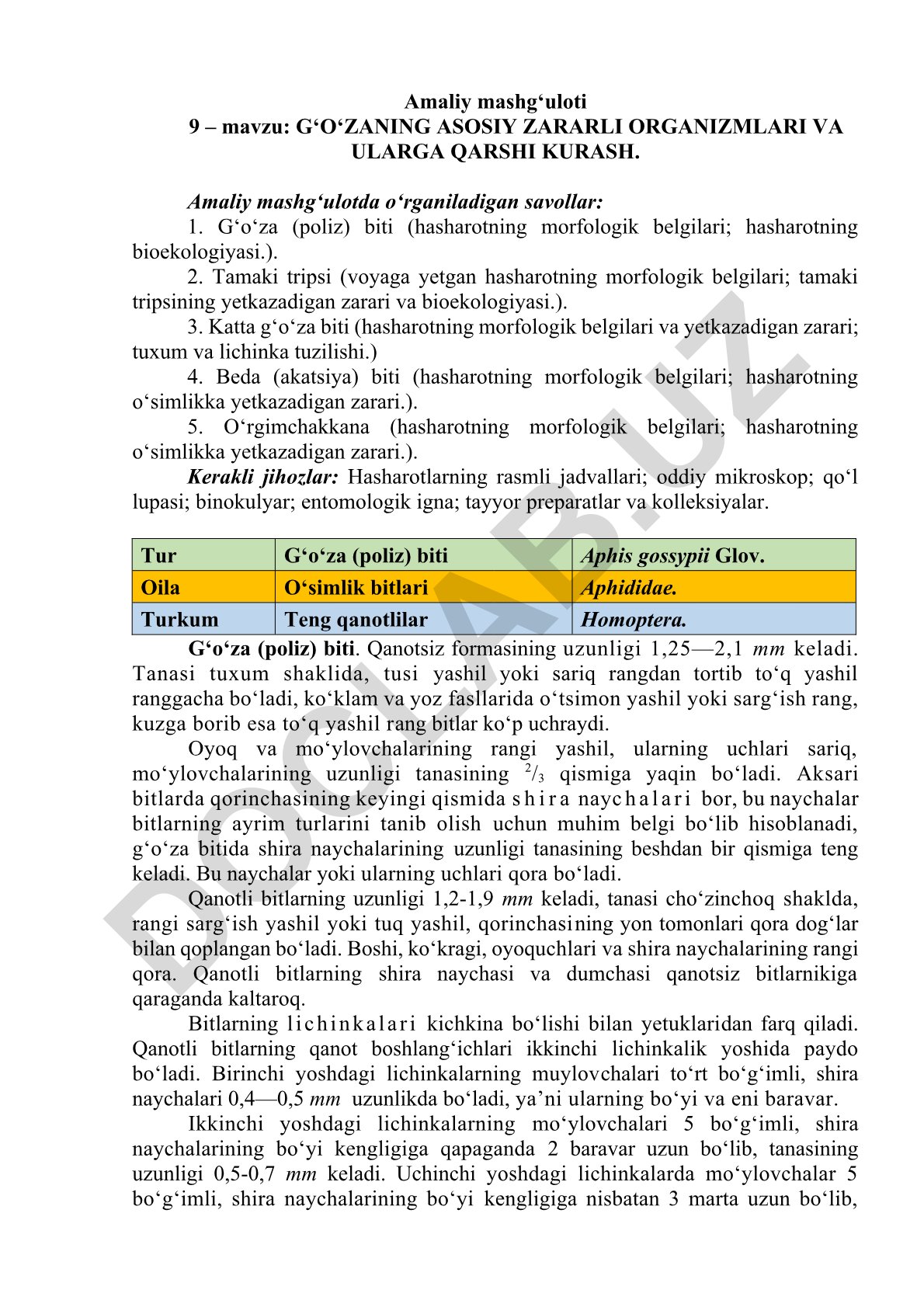 G‘o‘zaning asosiy zararli organizmlari va ularga qarshi kurash