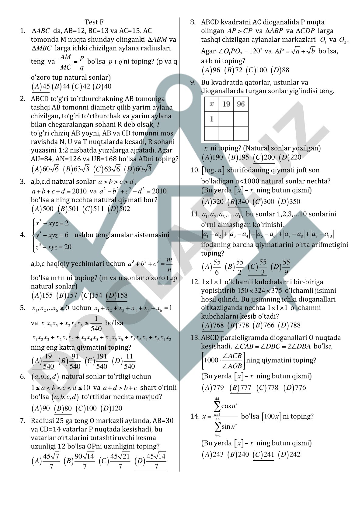 Matematik test: geometriya va algebra masalalari