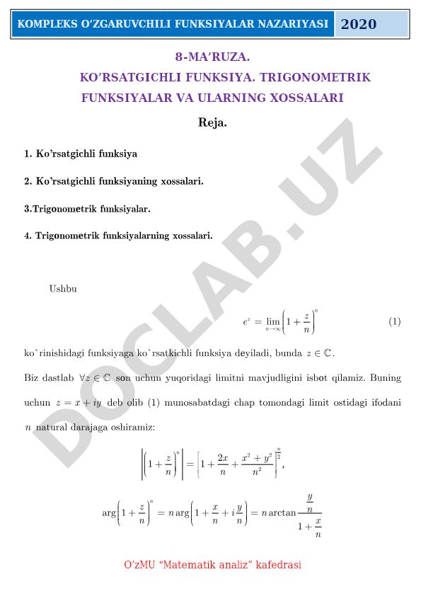Kompleks o'zgaruvchili funksiyalar nazariyasi: Ko'rsatgichli va trigonometrik funksiyalar