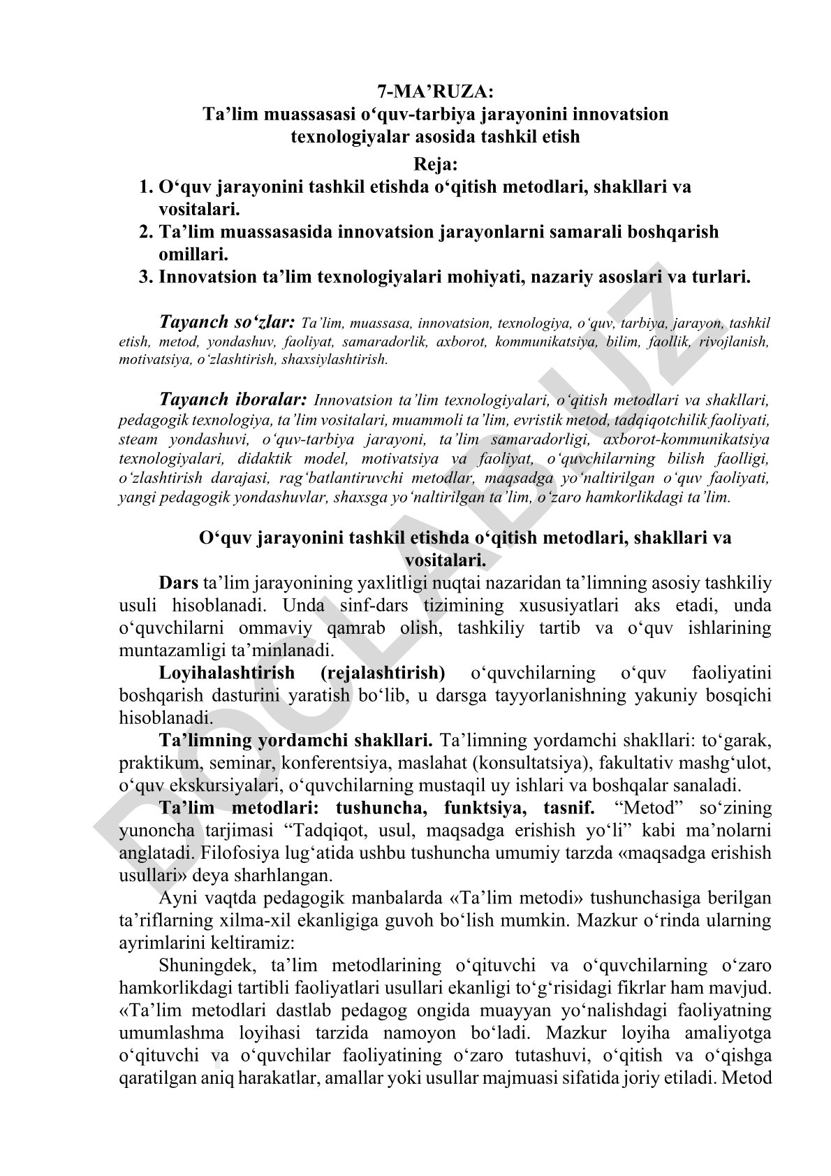 Ta’lim muassasasi oʻquv-tarbiya jarayonini innovatsion texnologiyalar asosida tashkil etish