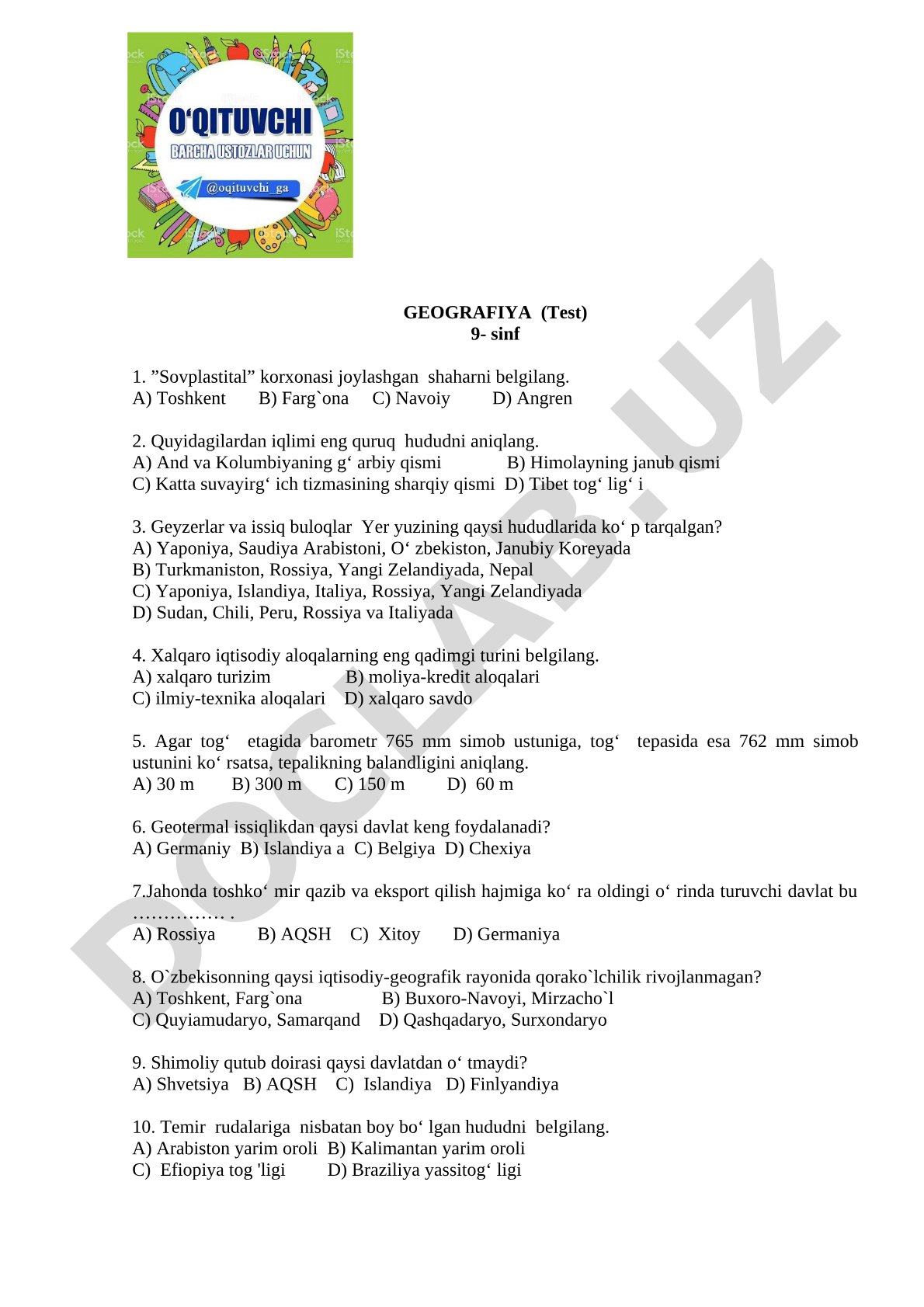 Geografiya (Test) 9-sinf