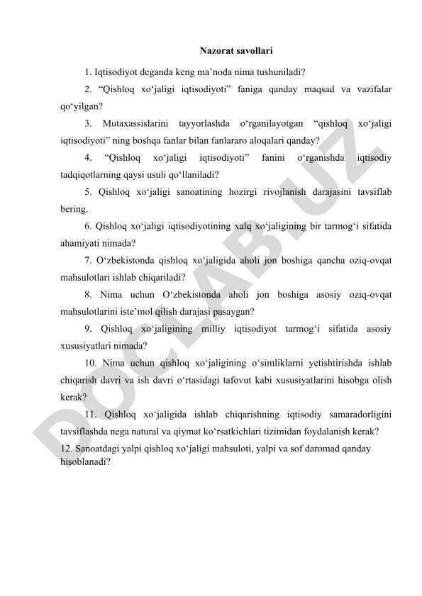 Qishloq xo'jaligi iqtisodiyoti nazorat savollari