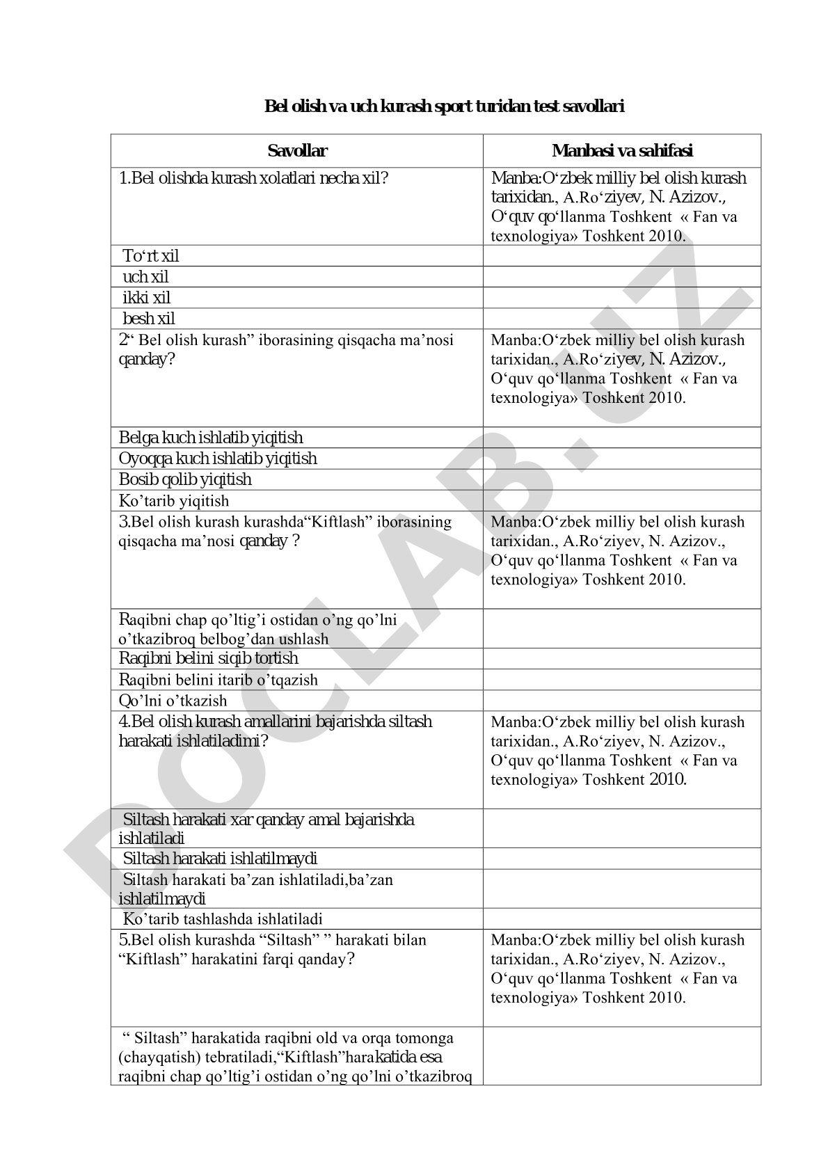 Bel olish va uch kurash sport turidan test savollari