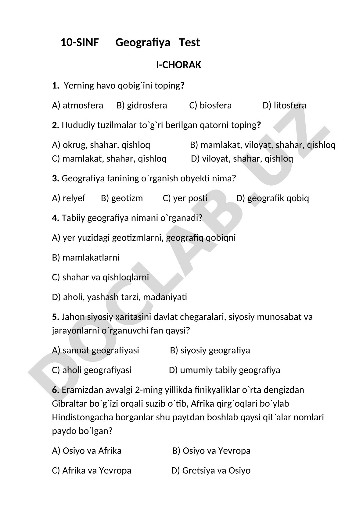 10-SINF Geografiya Test I-CHORAK