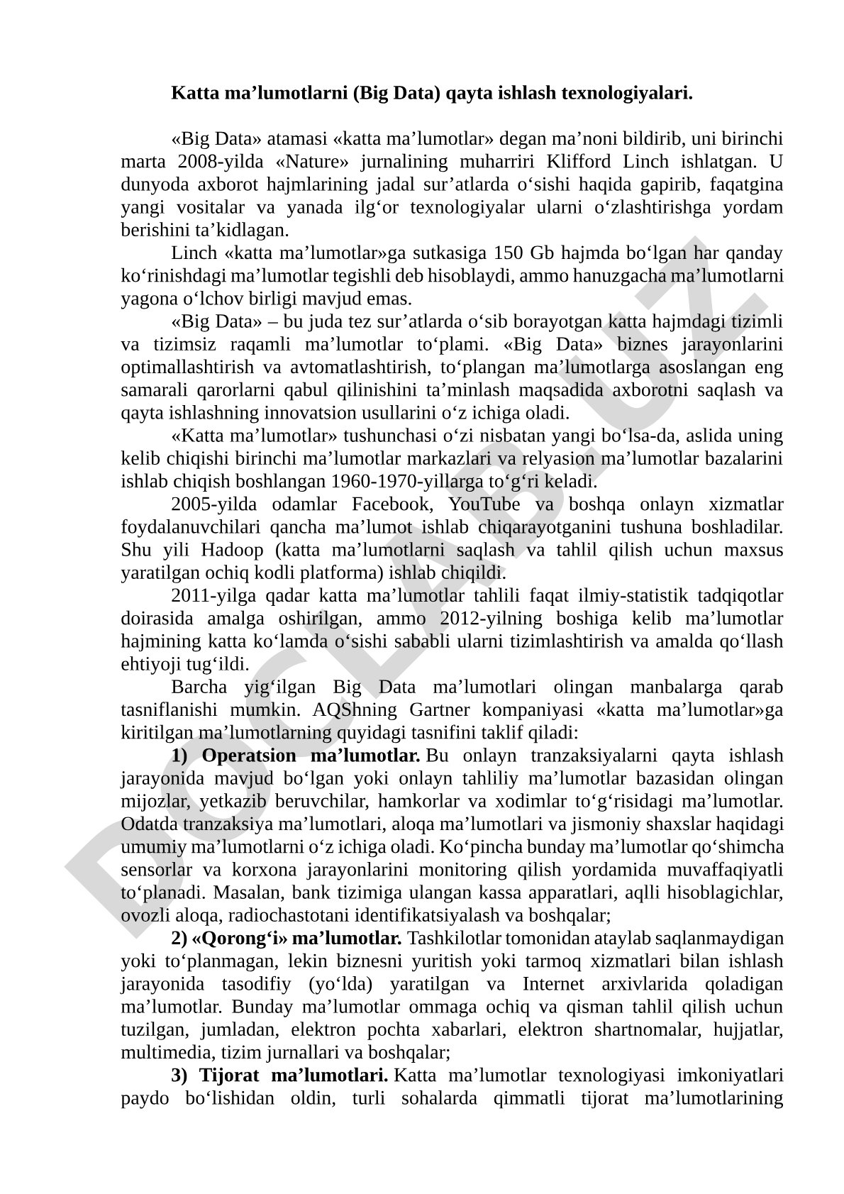 Katta ma’lumotlarni (Big Data) qayta ishlash texnologiyalari