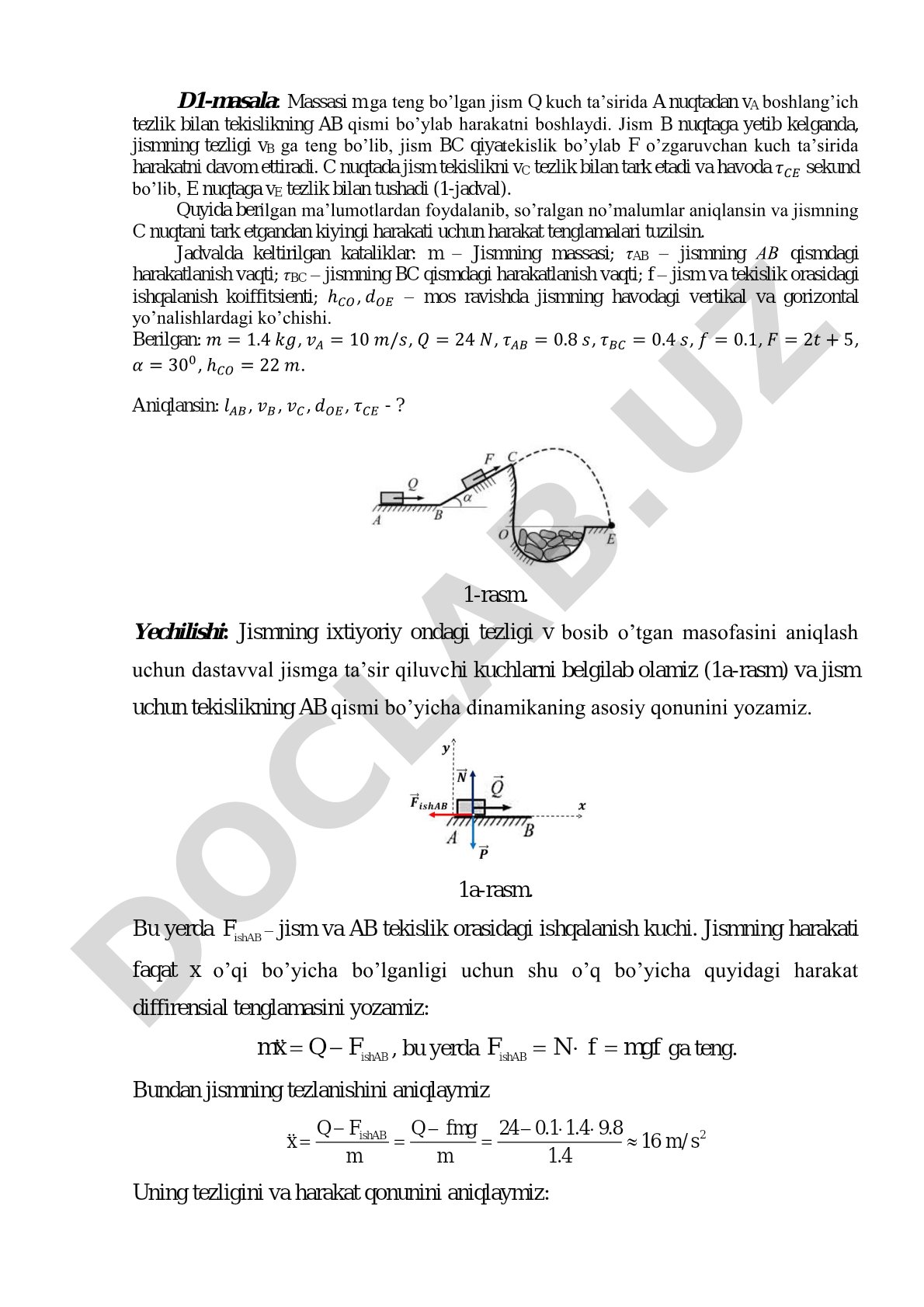 Jismning tekislik va qiya tekislikdagi harakati