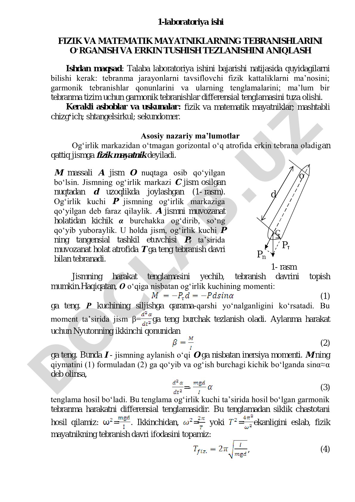 Fizik va matematik mayatniklarning tebranishlarini o‘rganish va erkin tushish tezlanishini aniqlash