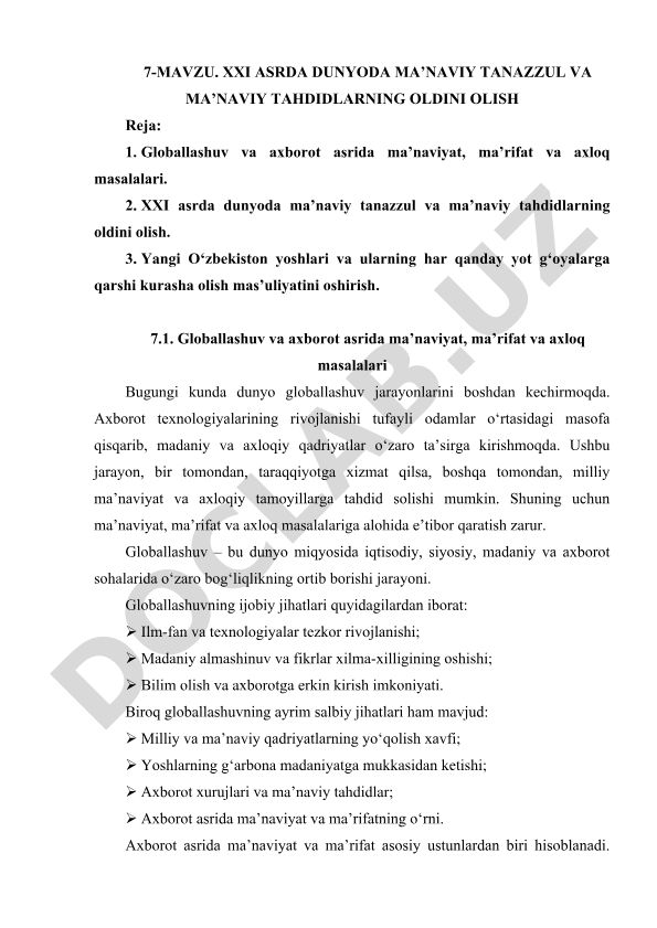 XXI asrda dunyoda ma’naviy tanazzul va ma’naviy tahdidlarning oldini olish