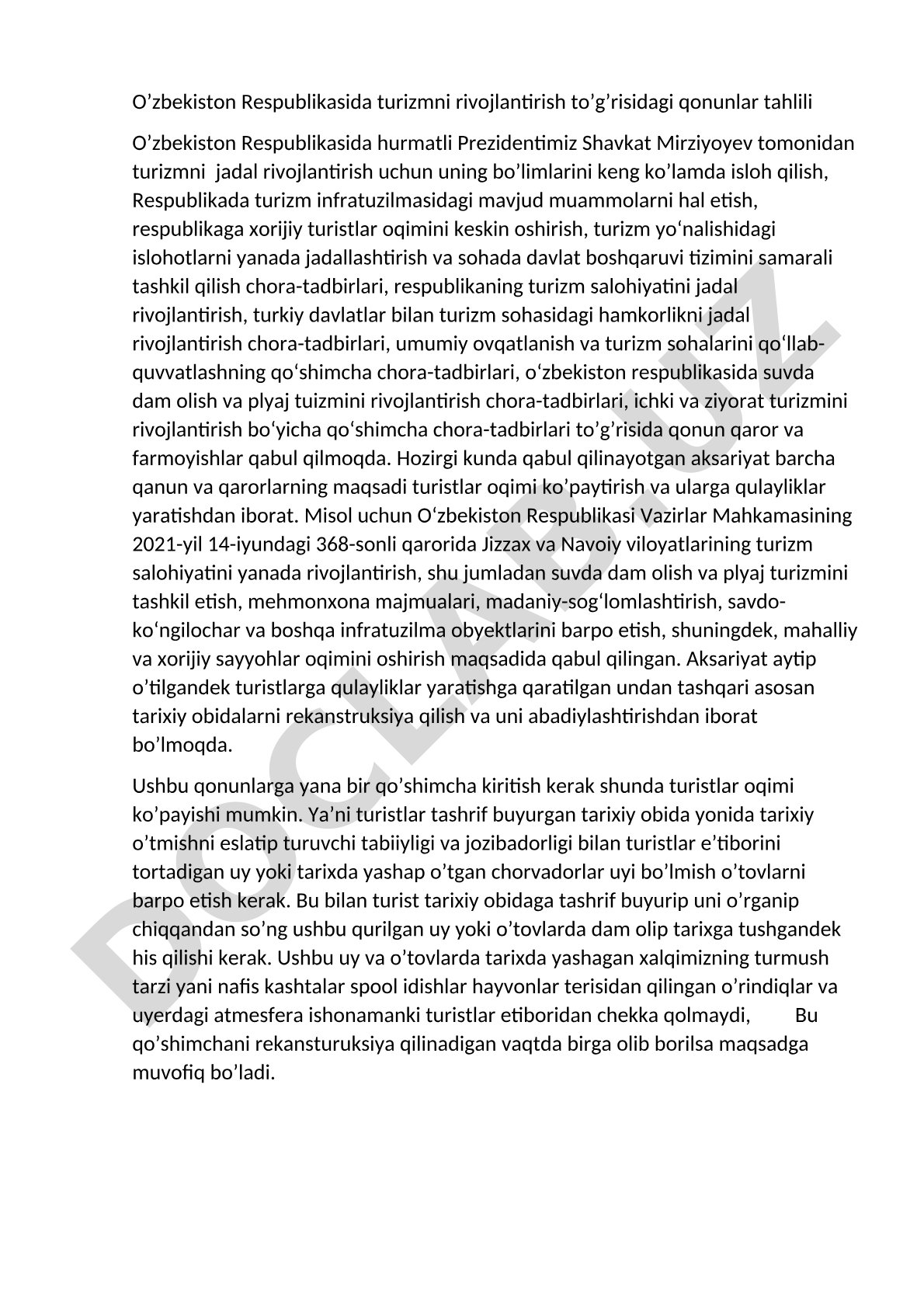 O’zbekiston Respublikasida turizmni rivojlantirish to’g’risidagi qonunlar tahlili