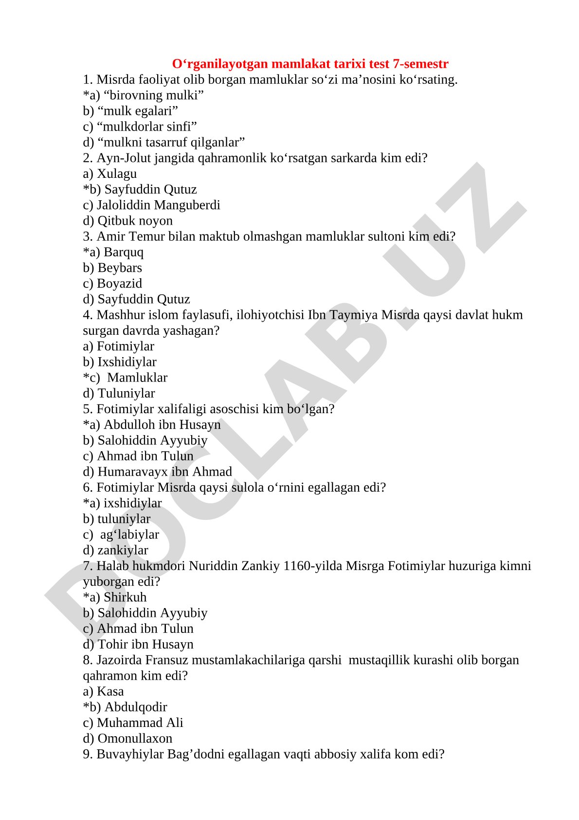 O‘rganilayotgan mamlakat tarixi test 7-semestr