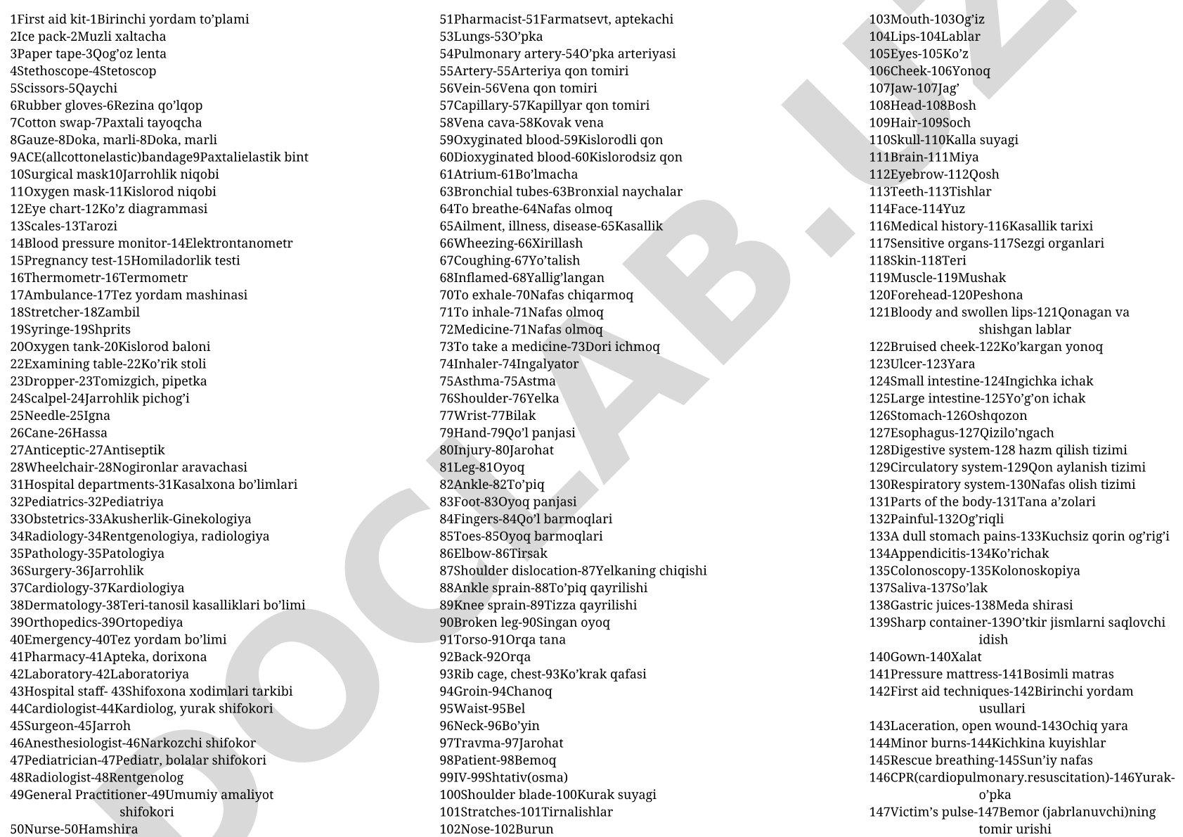 Medical equipment and hospital departments in English and Uzbek