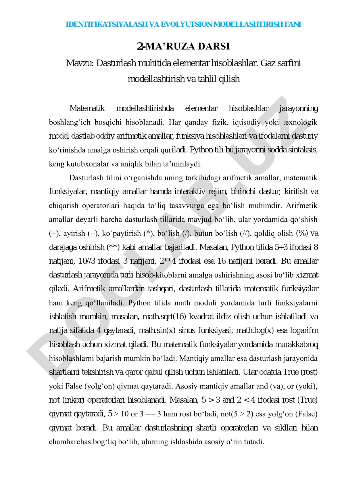 Dasturlash muhitida elementar hisoblashlar. Gaz sarfini modellashtirish va tahlil qilish