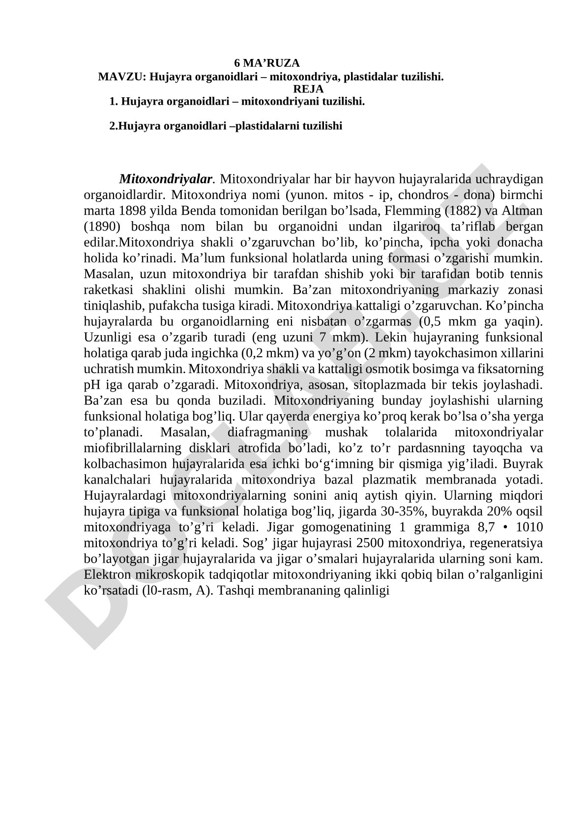 Hujayra organoidlari – mitoxondriya, plastidalar tuzilishi