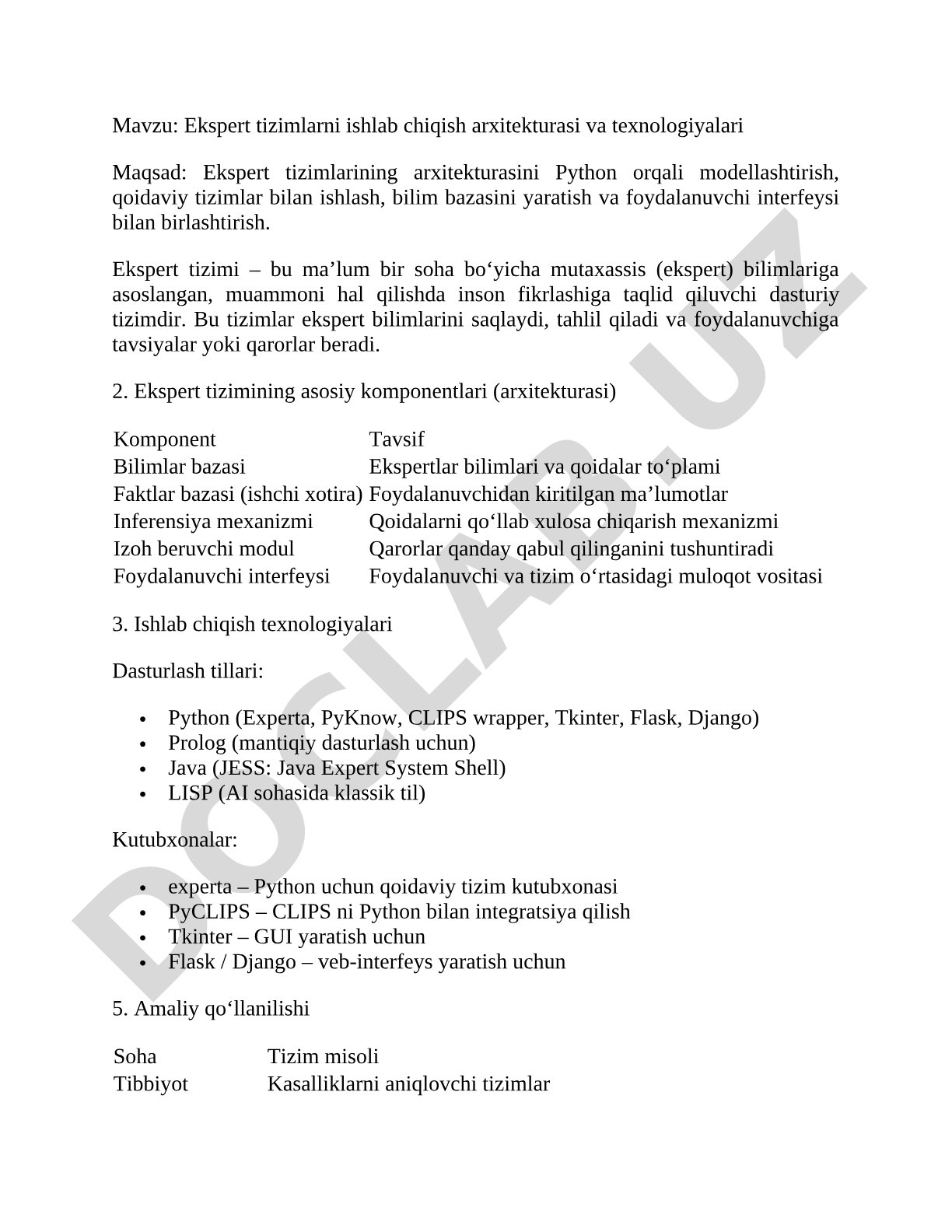 Ekspert tizimlarni ishlab chiqish arxitekturasi va texnologiyalari
