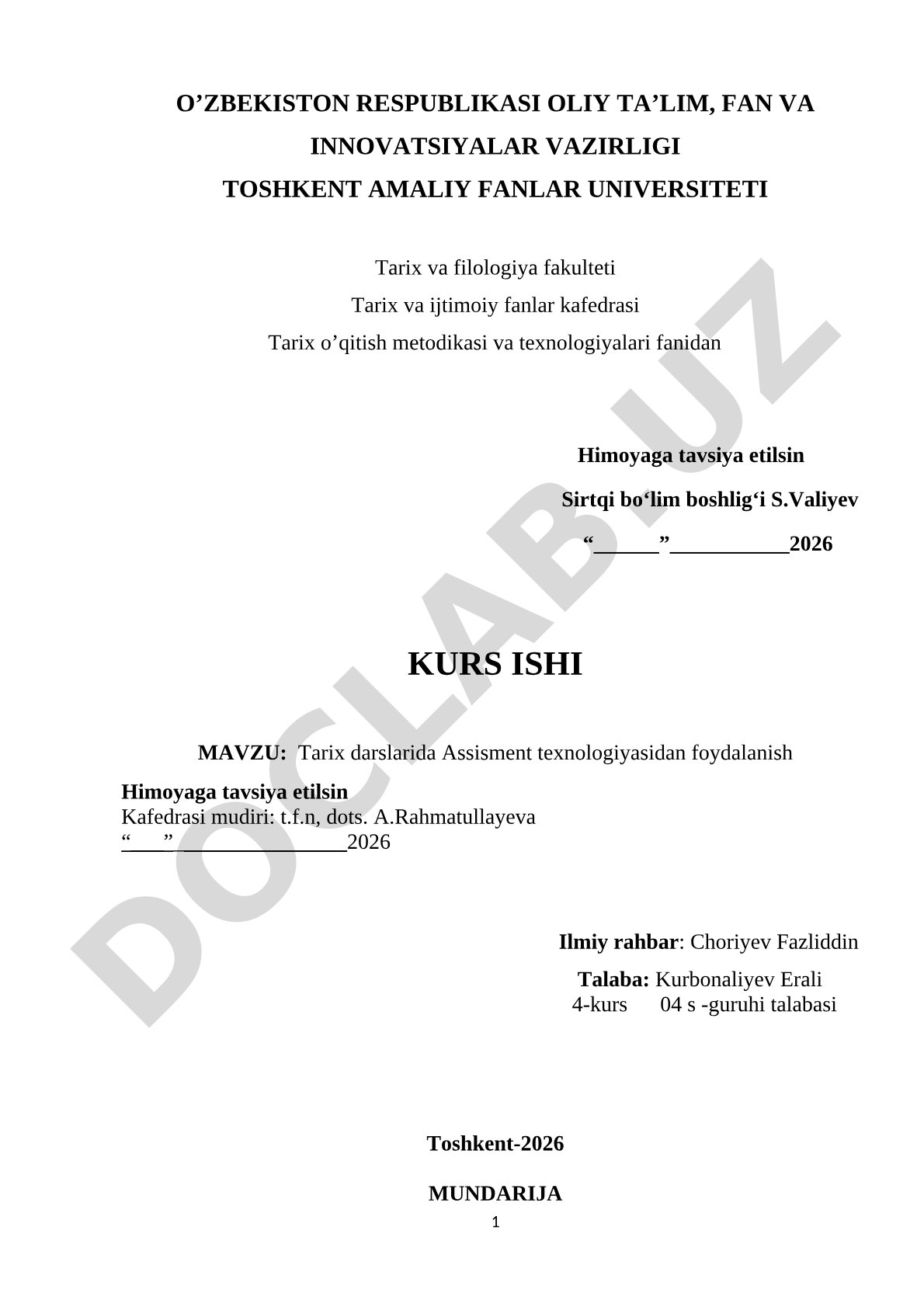 Tarix darslarida Assisment texnologiyasidan foydalanish
