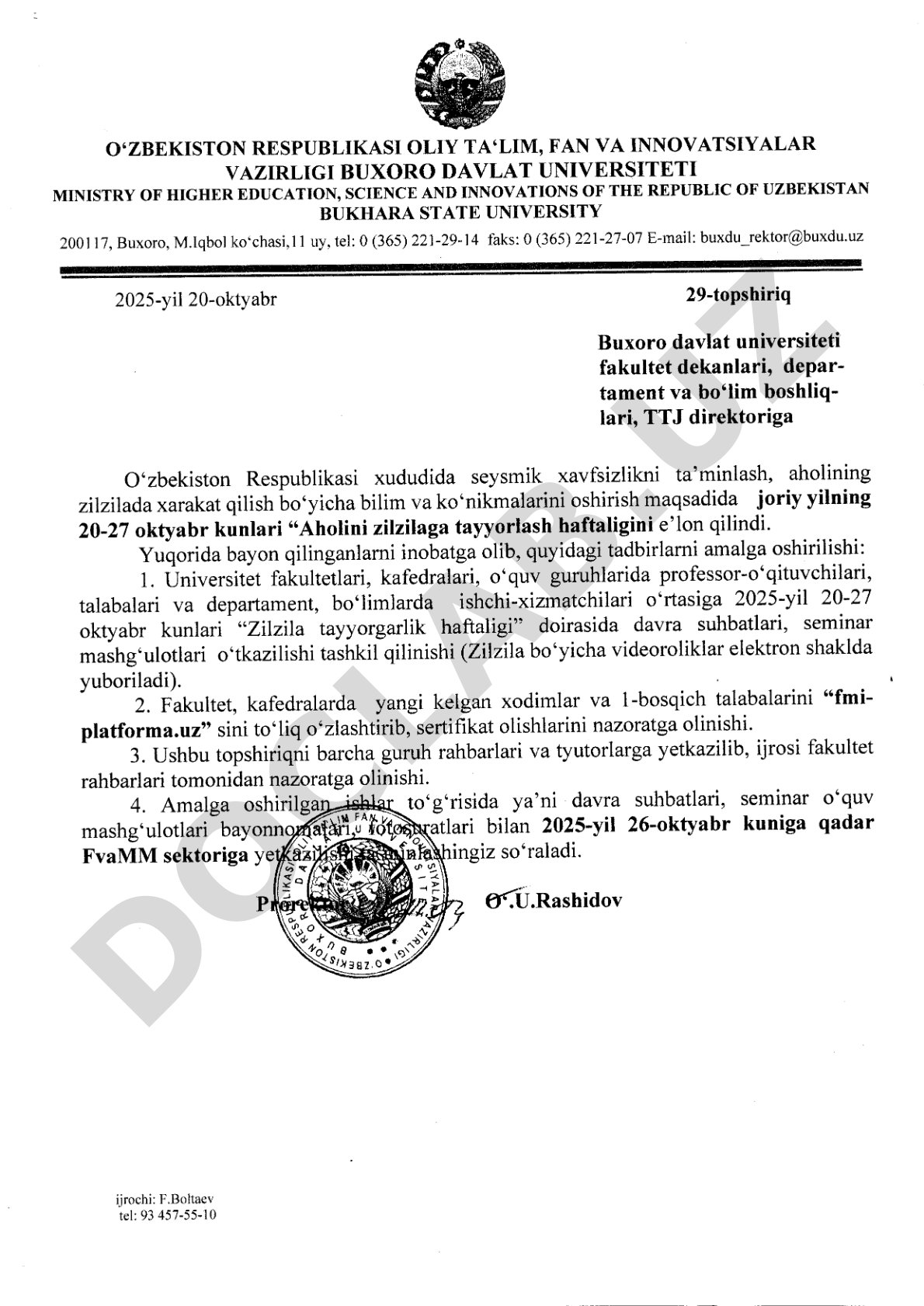Zilzilaga tayyorgarlik haftaligi tadbirlarini tashkil etish
