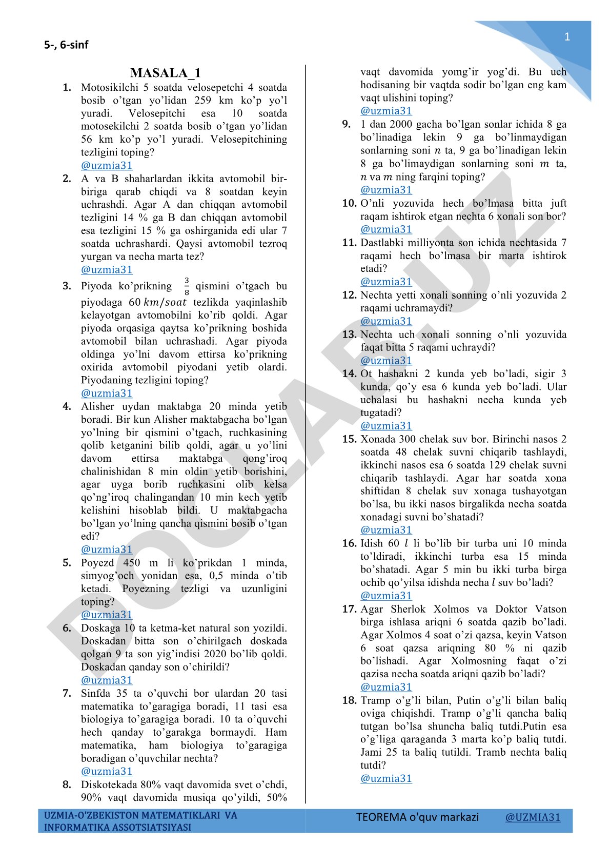 5-6 sinf matematika masalalari to'plami