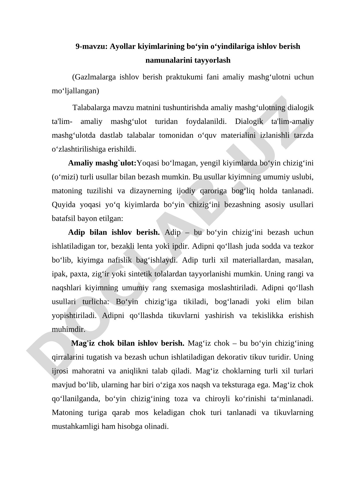 Ayollar kiyimlarining bo‘yin o‘yindilariga ishlov berish namunalarini tayyorlash