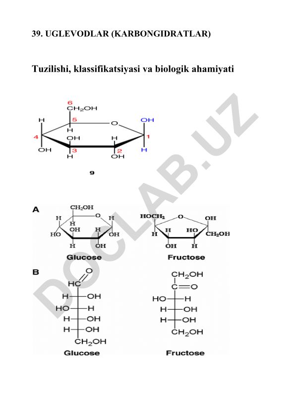 Uglevodlar (karbongidratlar) tuzilishi, klassifikatsiyasi va biologik ahamiyati