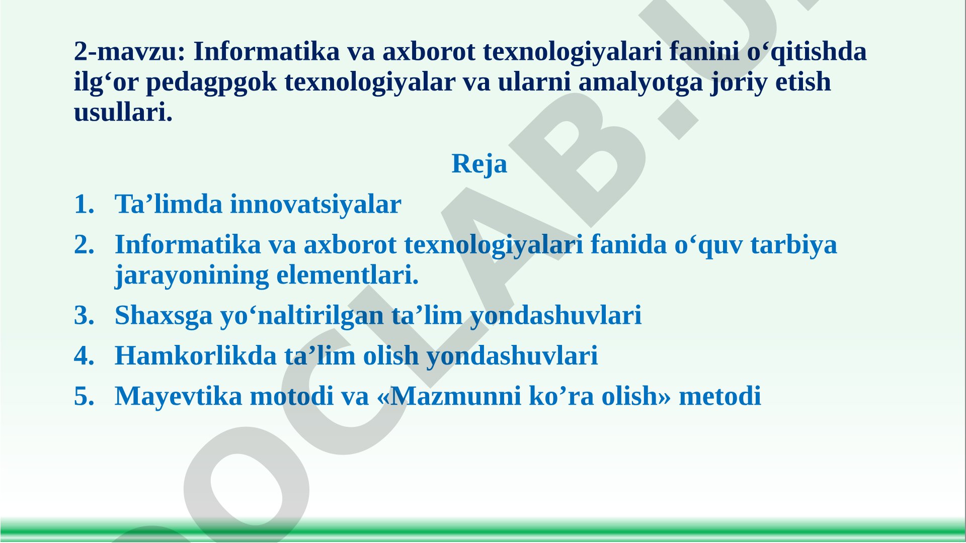 Informatika va axborot texnologiyalari fanini o‘qitishda ilg‘or pedagogik texnologiyalar va ularni amaliyotga joriy etish usullari