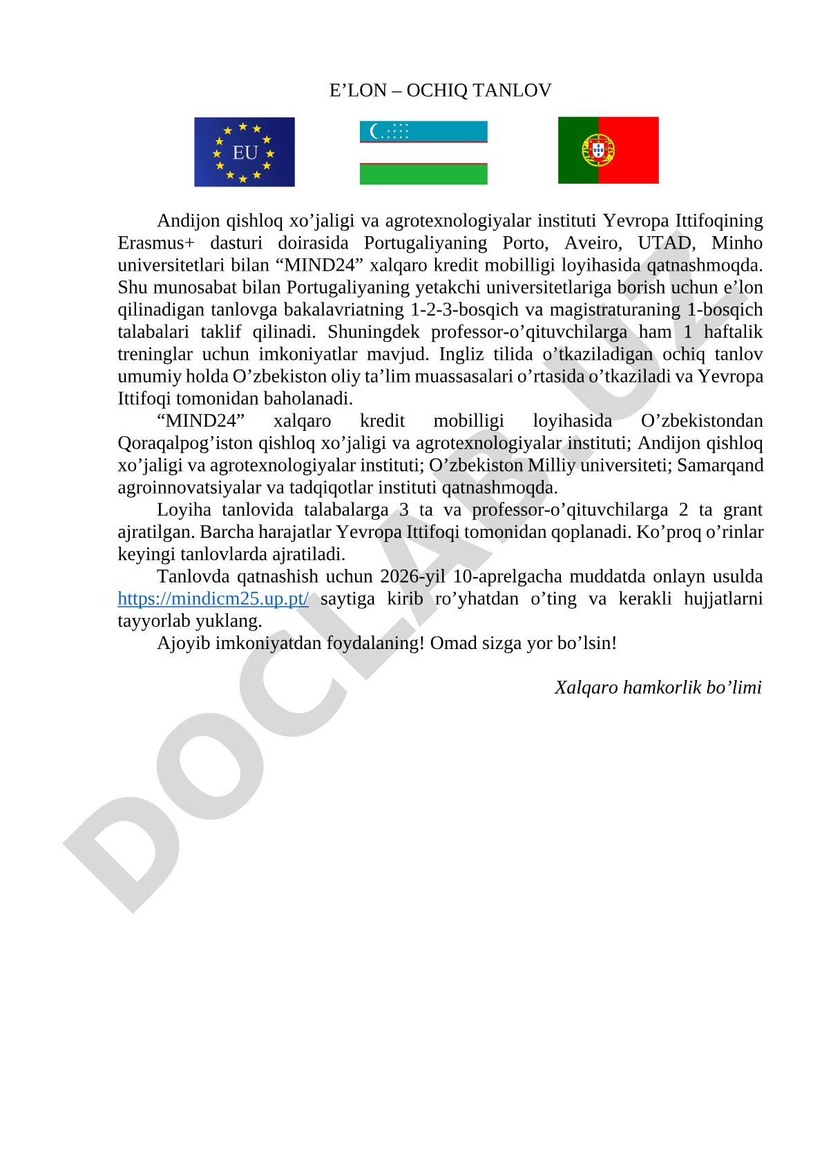 E’lon – Ochiq tanlov