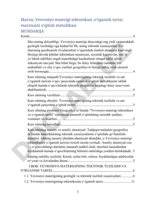 Yevrosiyo materigi tektonikasi va o‘rganish tarixi mavzusini o‘qitish metodikasi