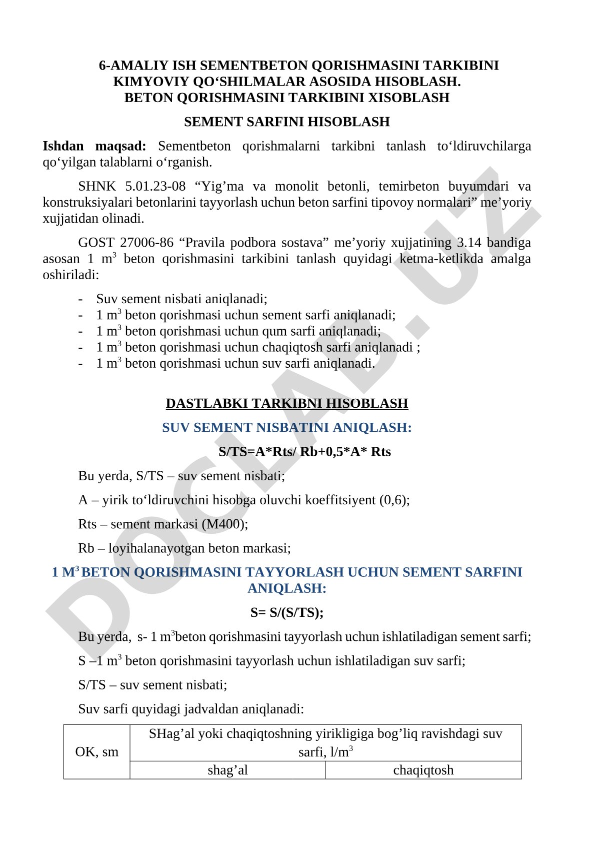 Sementbeton qorishmasi tarkibini kimyoviy qo'shimchalar asosida hisoblash