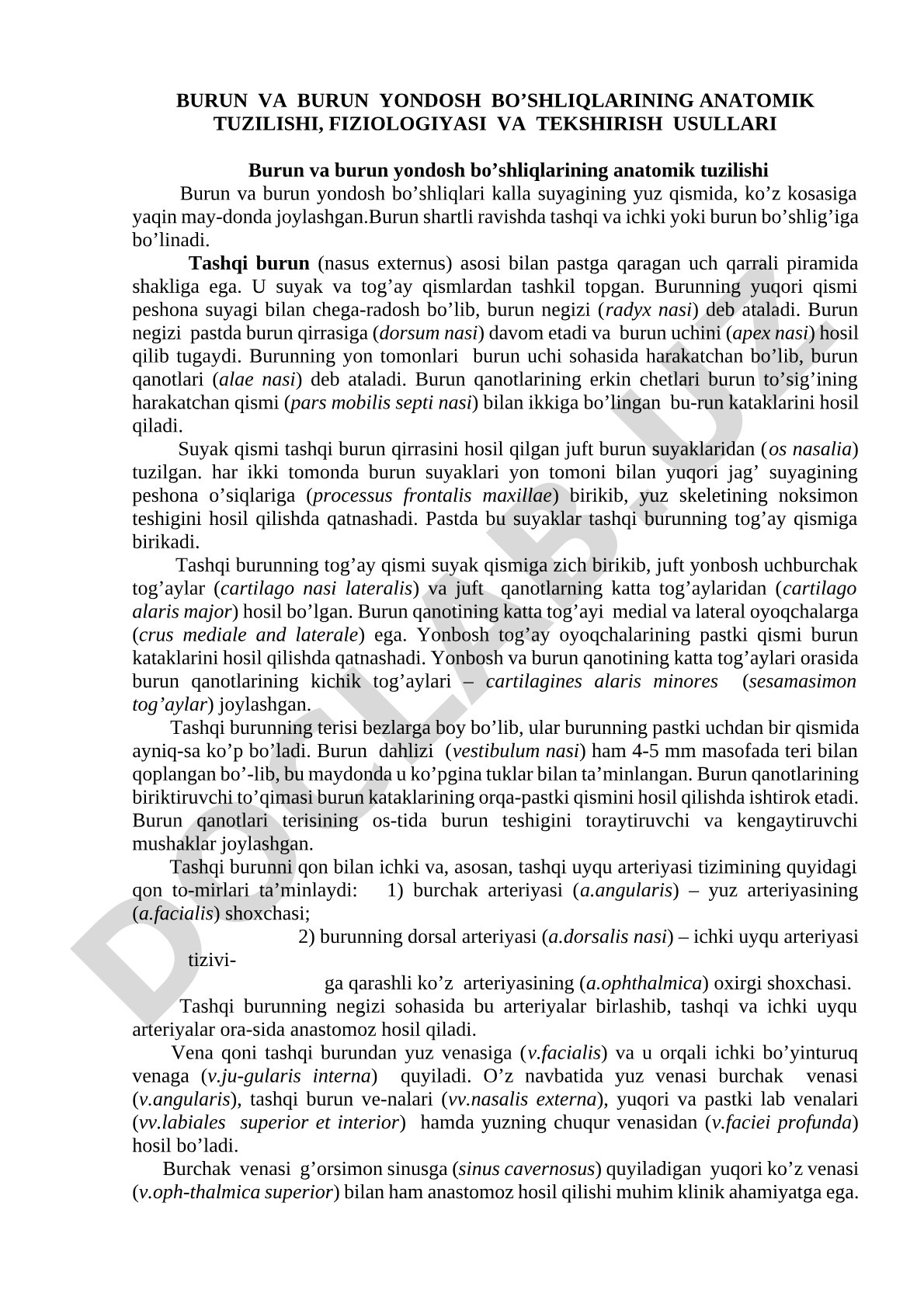 Burun va burun yondosh bo'shliqlarining anatomik tuzilishi, fiziologiyasi va tekshirish usullari