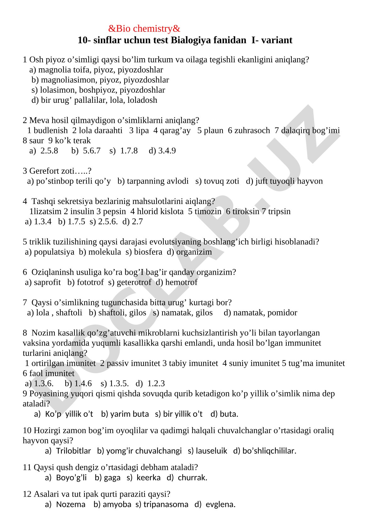 10-sinf biologiya fanidan I-variant test savollari