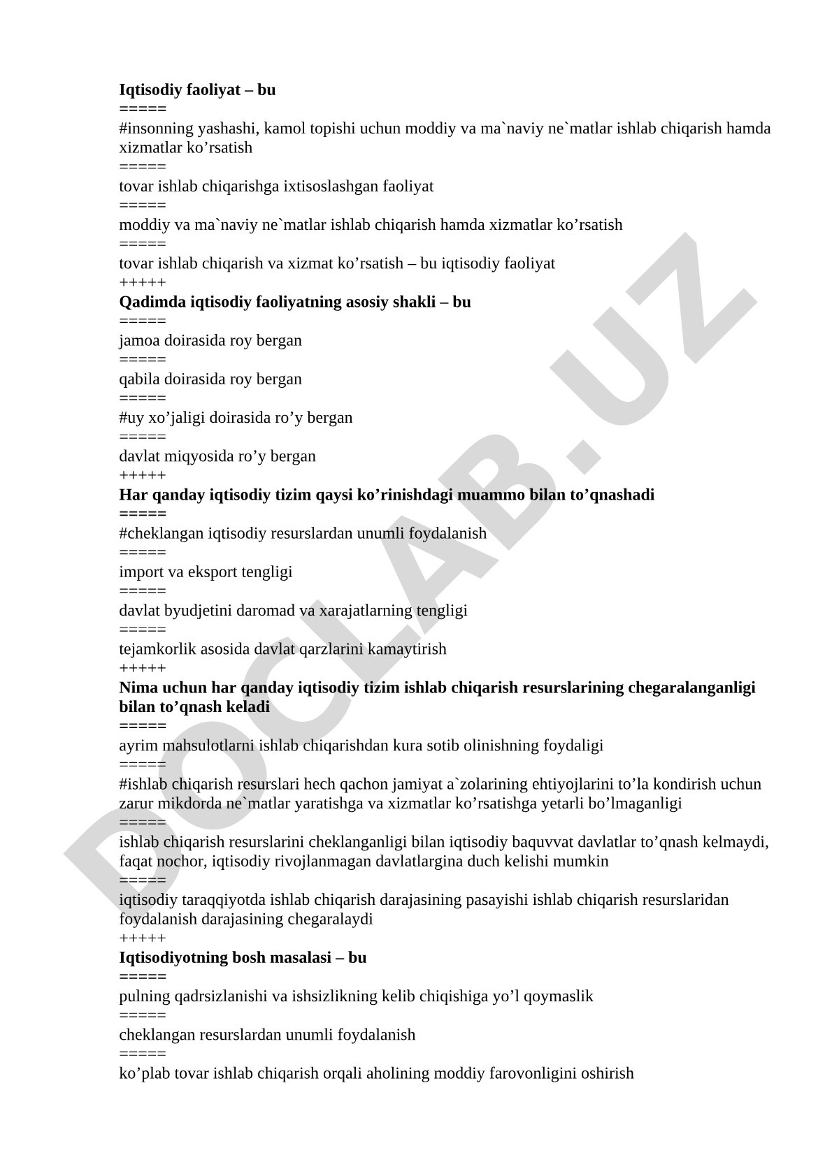 Iqtisodiy faoliyat va cheklangan resurslar muammosi