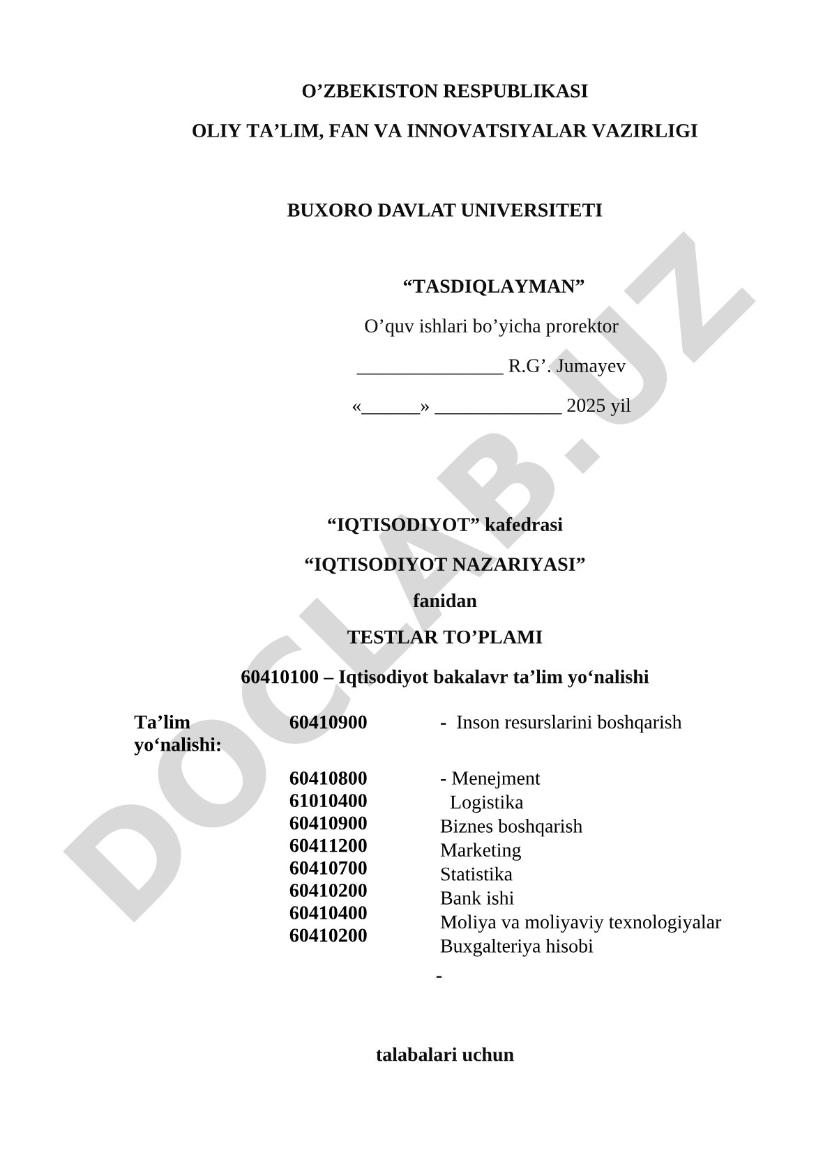 Iqtisodiyot nazariyasi fanidan testlar to'plami