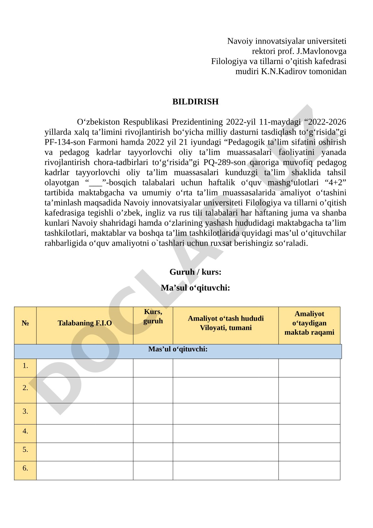 Pedagogik amaliyot o‘tash uchun ruxsat so‘rash