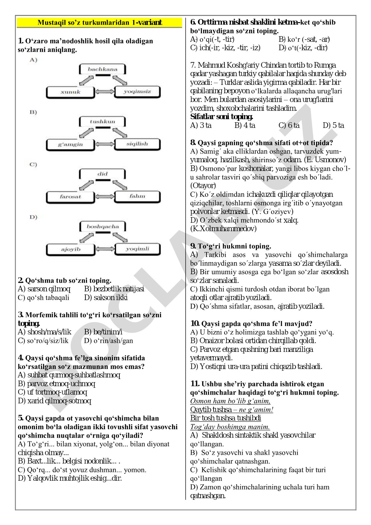 Mustaqil so’z turkumlaridan 1-variant