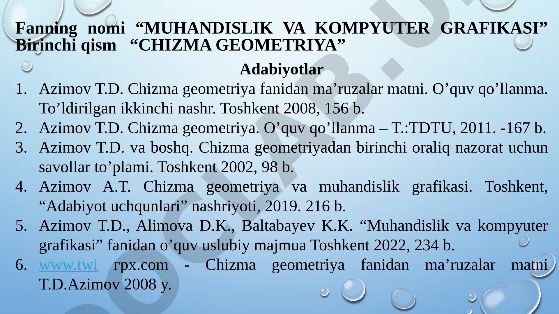 Muhandislik va kompyuter grafikasi Birinchi qism Chizma geometriya