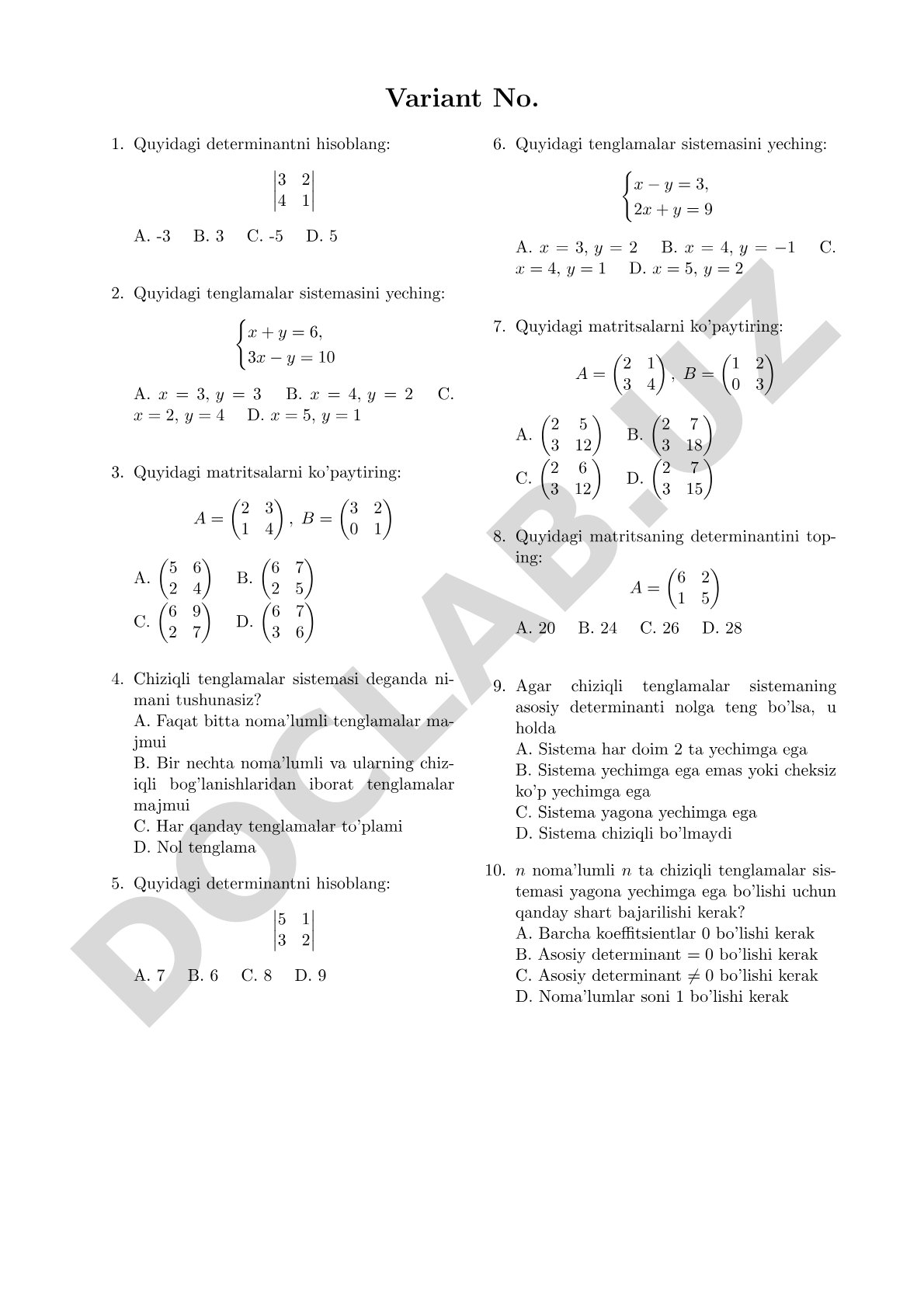 Chiziqli algebra: determinantlar, matritsalar va tenglamalar sistemalari