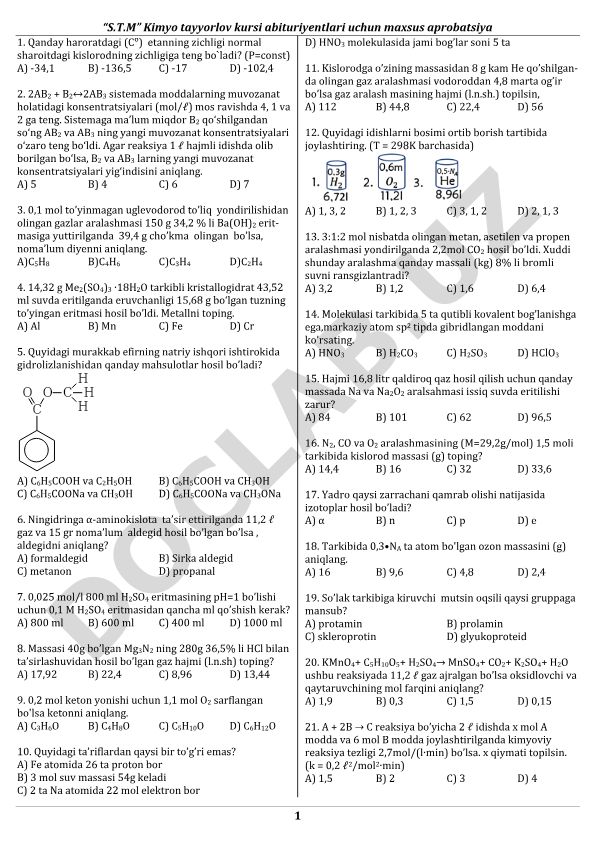 Kimyo fanidan test savollari to'plami