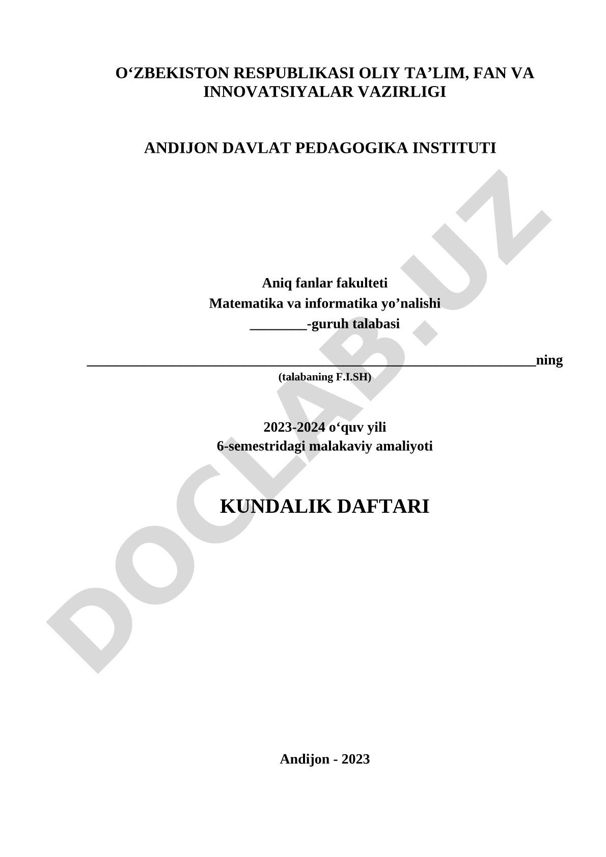Malakaviy amaliyot kundalik daftari