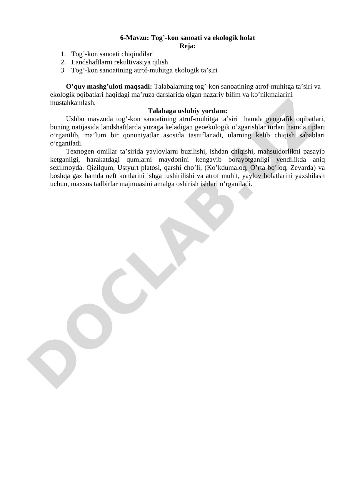 Tog'-kon sanoati va ekologik holat