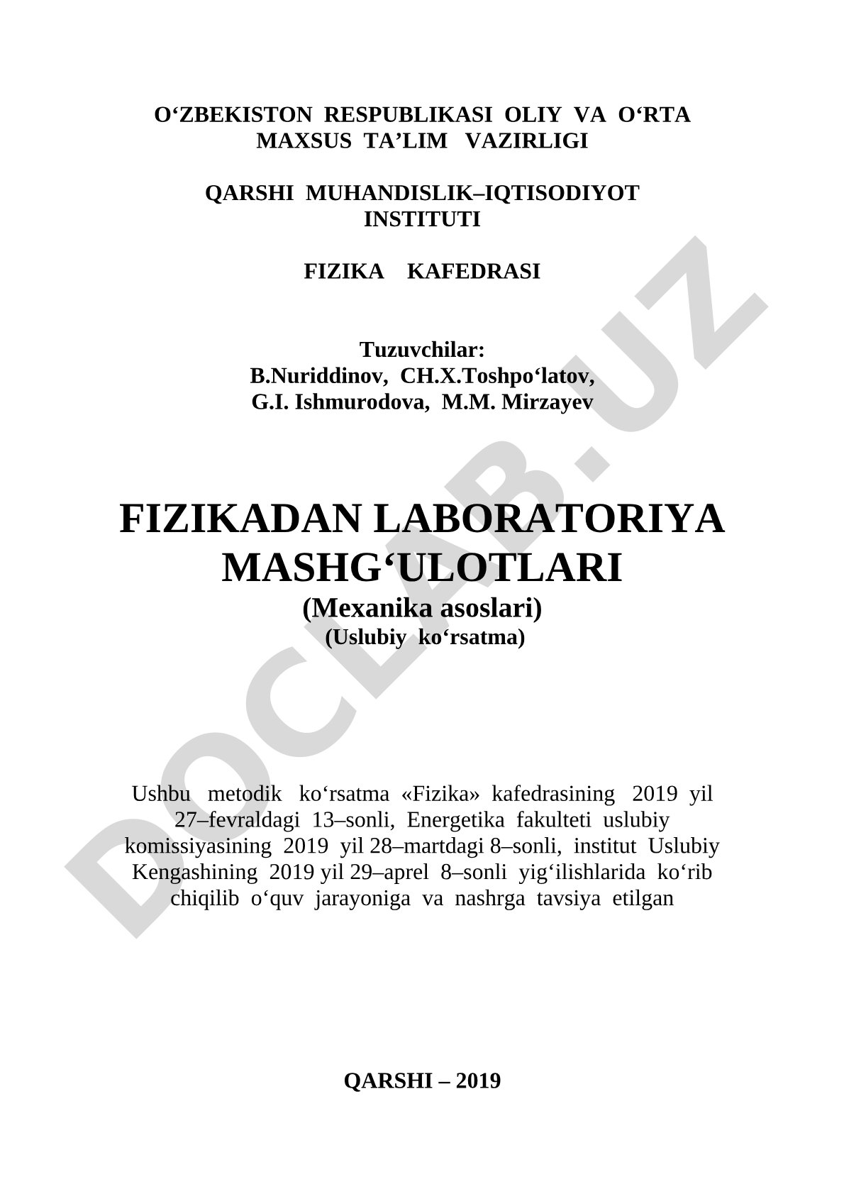 Fizikadan laboratoriya mashg'ulotlari (Mexanika asoslari)