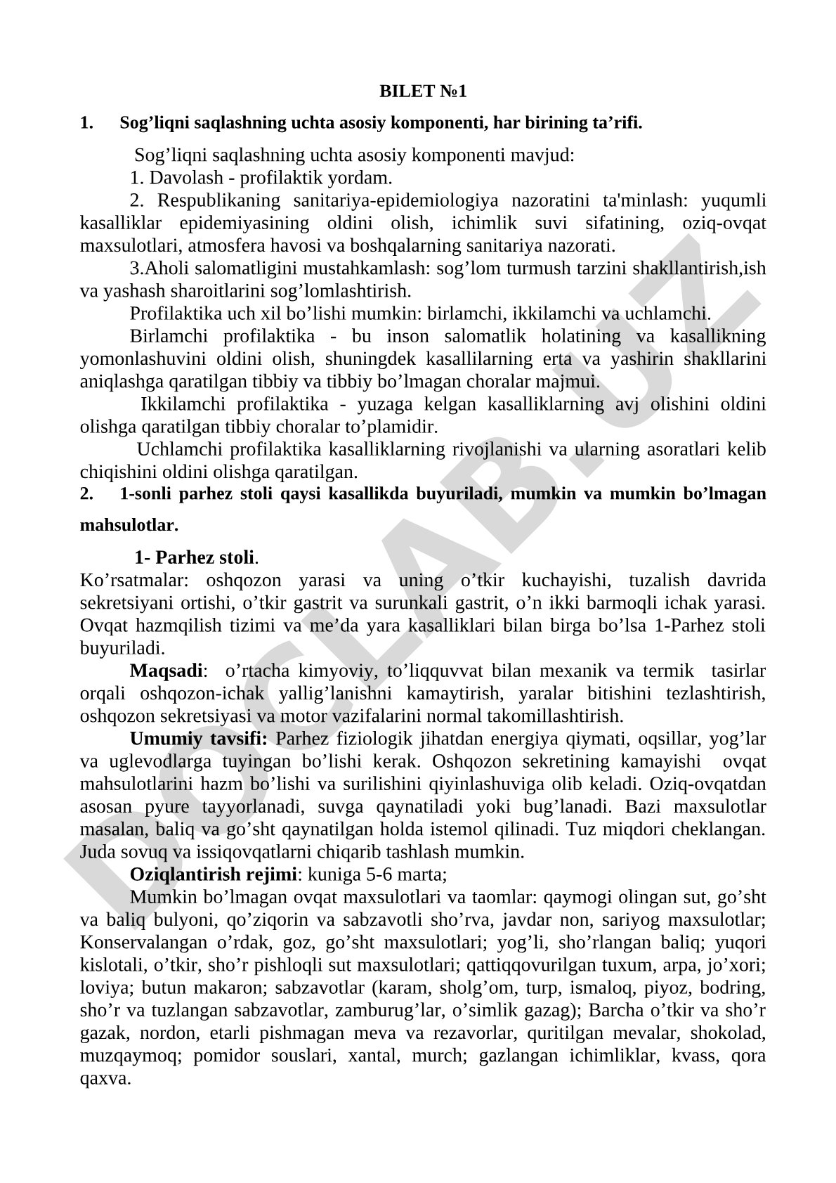 Sog'liqni saqlash komponentlari va parhez stoli