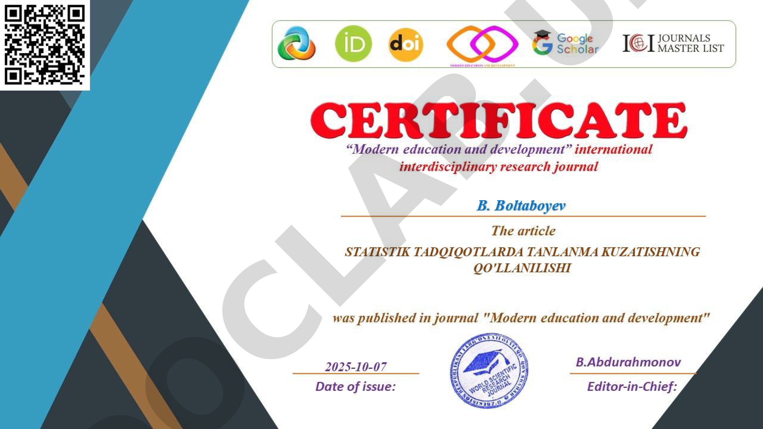 STATISTIK TADQIQOTLARDA TANLANMA KUZATISHNING QO'LLANILISHI