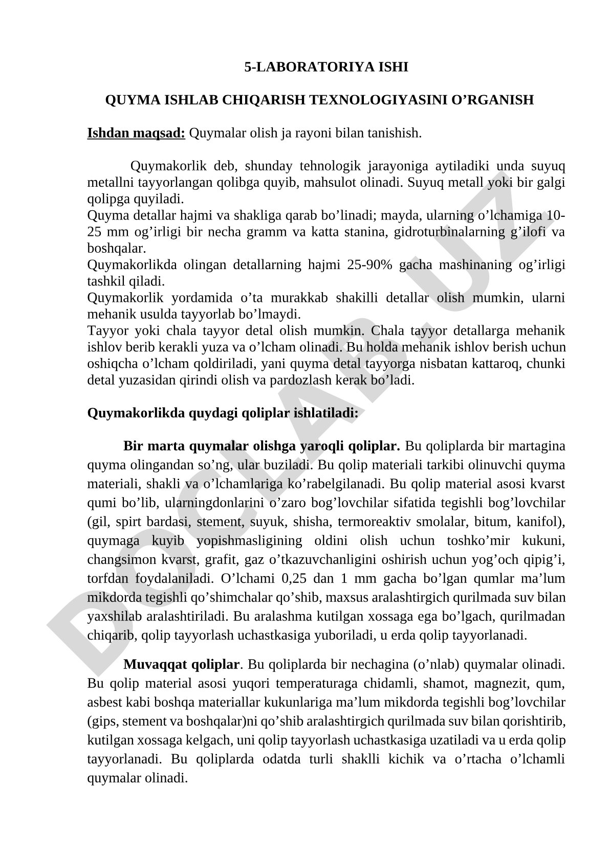 Quyma ishlab chiqarish texnologiyasini o'rganish