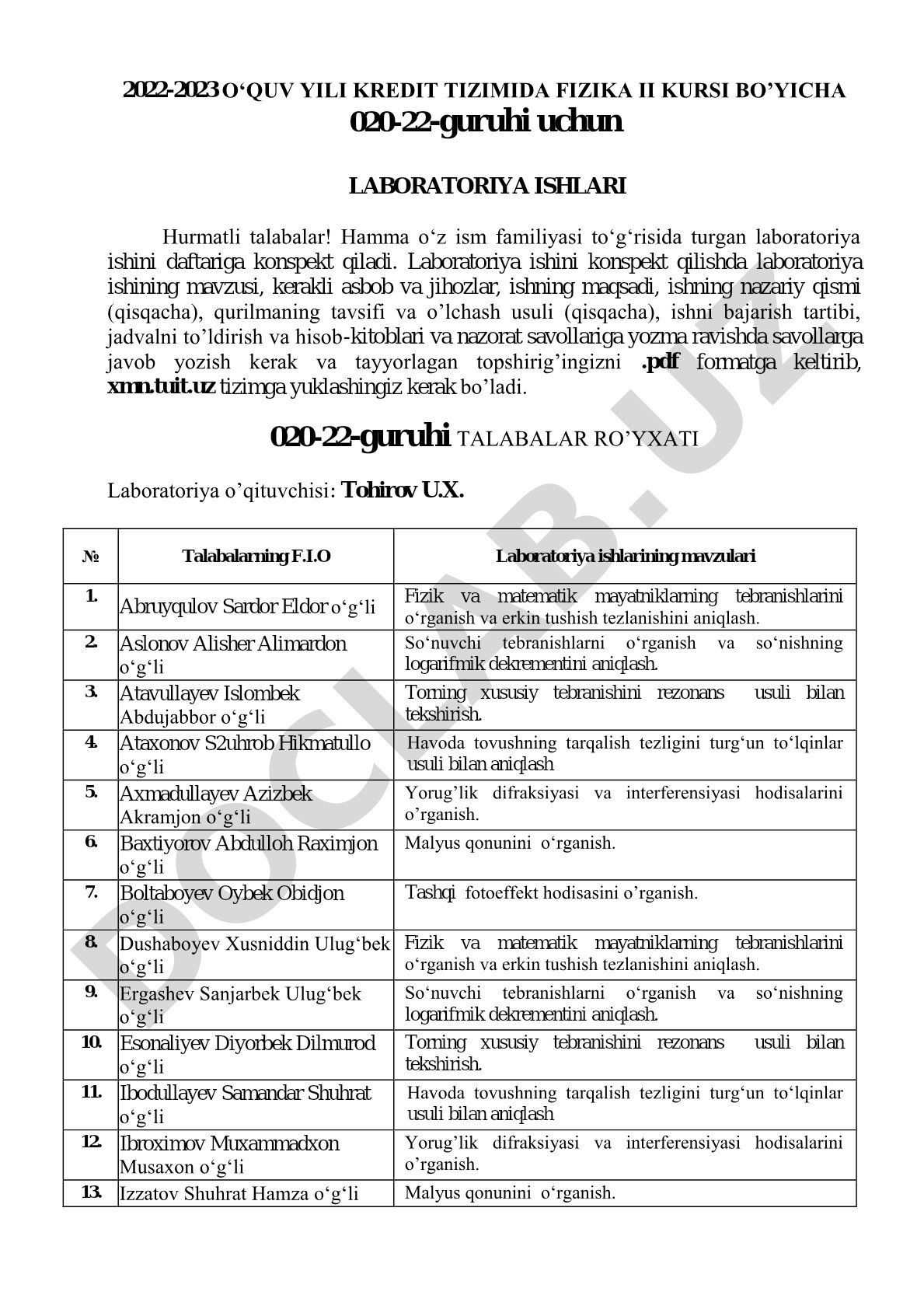 Fizika II kursi laboratoriya ishlari (020-22 guruhi)