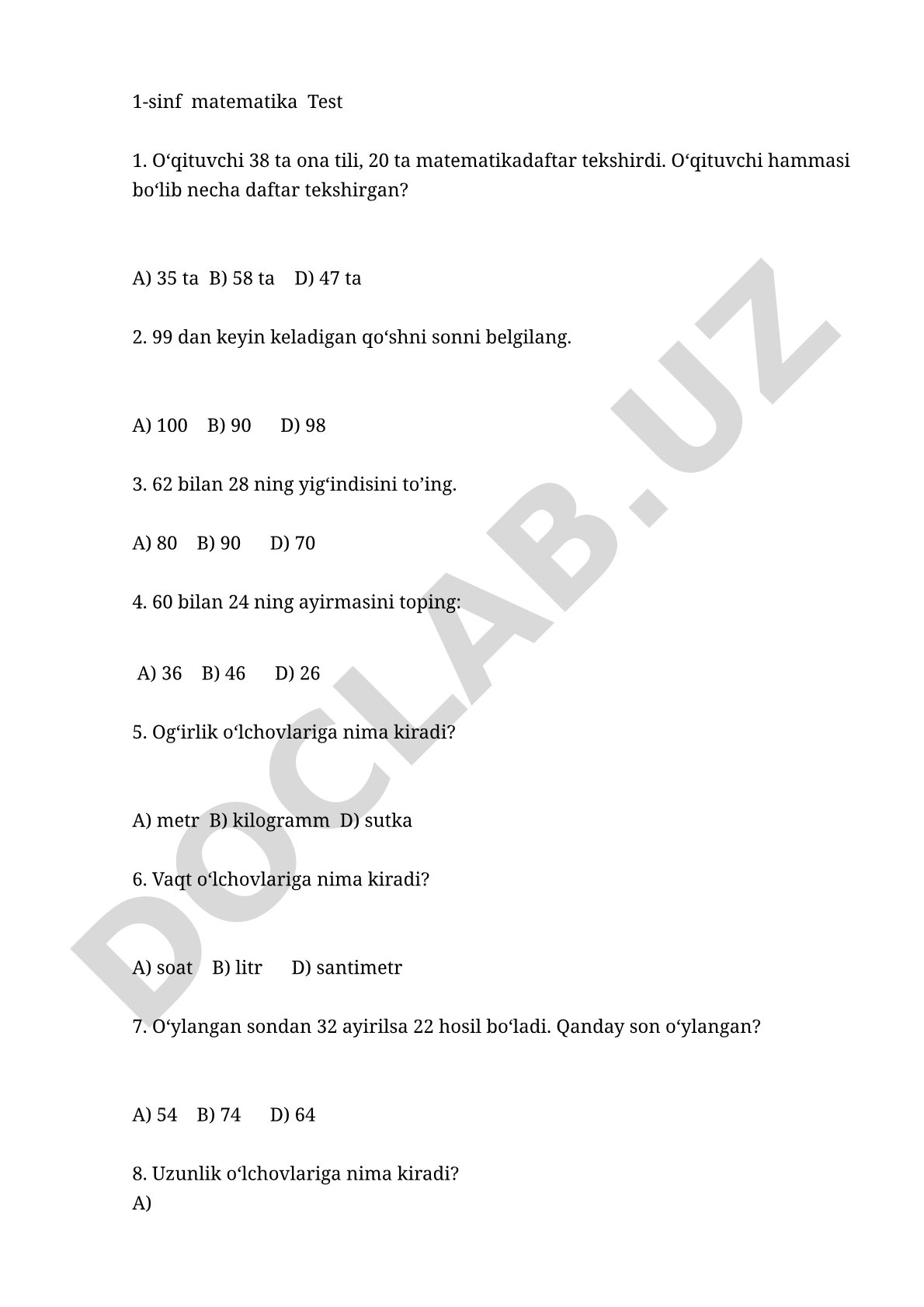 1-sinf matematika fanidan test savollari