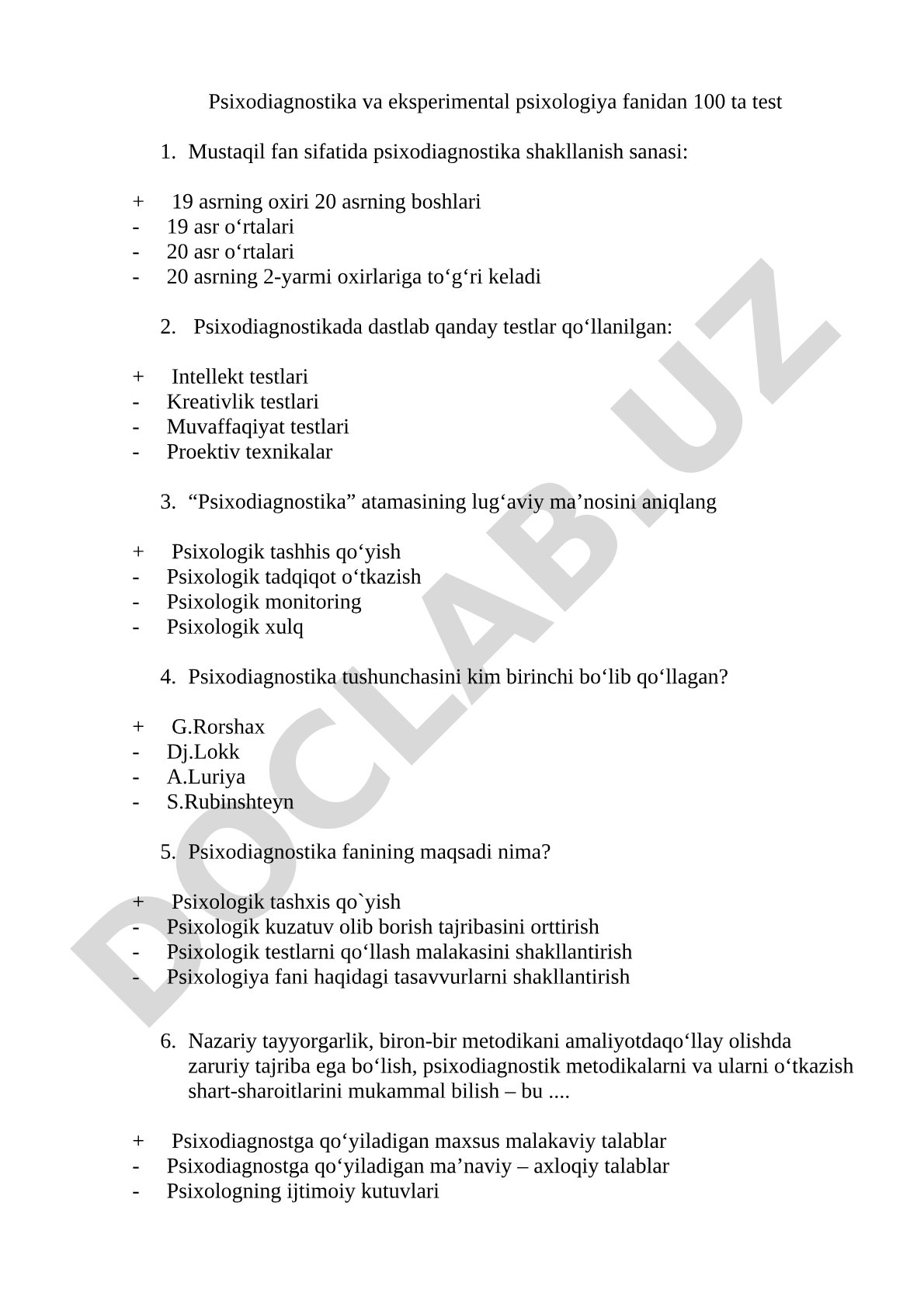 Psixodiagnostika va eksperimental psixologiya fanidan 100 ta test