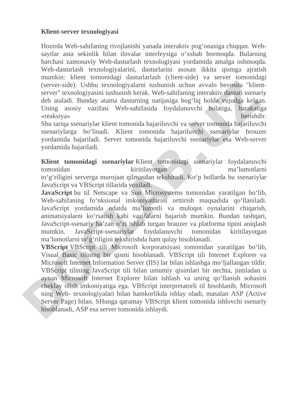 Klient-server texnologiyasi va veb-dasturlash ssenariylari